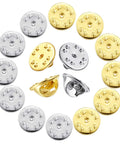 50 Pieces Hella Secure Butterfly Clutch Backs, Nickel Plated Brass Pin Fasteners For Badges And Jewelry Crafting, 10 Mm shiny gold and silver pin back covers arranged in circular pattern.
