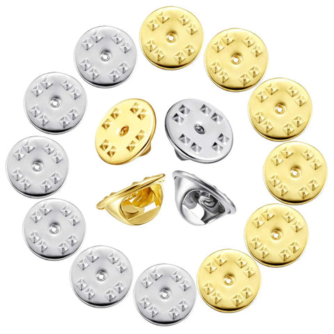 50 Pieces Hella Secure Butterfly Clutch Backs, Nickel Plated Brass Pin Fasteners For Badges And Jewelry Crafting, 10 Mm shiny gold and silver pin back covers arranged in circular pattern.