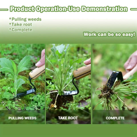 Stainless Steel Hand Weeder Tool With Wood Handle Garden Weed Puller demonstrating weed removal process in steps.
