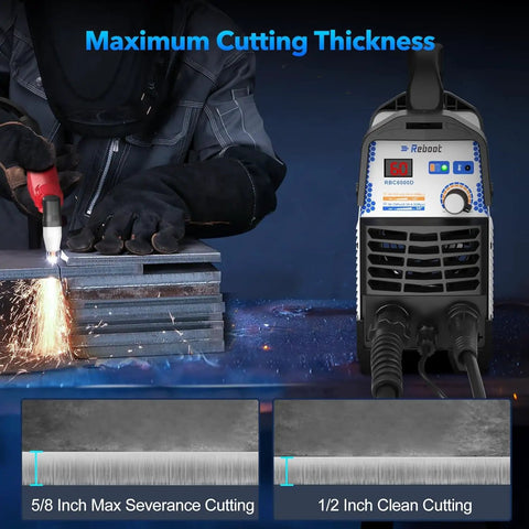60 Amp Plasma Cutter Dual Voltage 120V 240V With Digital IGBT Inverter Touch Arc Start displayed with cutting thickness examples.