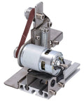 Jauarta Mini Belt Sander Grinder Aluminum Alloy Polishing Machine 9000RPM close-up of motor and belt assembly for detailed work.