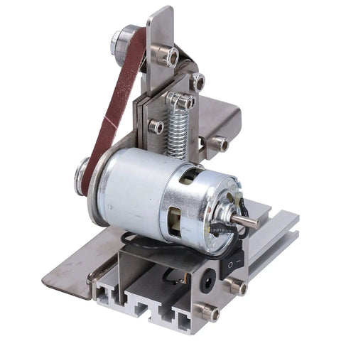 Jauarta Mini Belt Sander Grinder Aluminum Alloy Polishing Machine 9000RPM close-up of motor and belt assembly for detailed work.