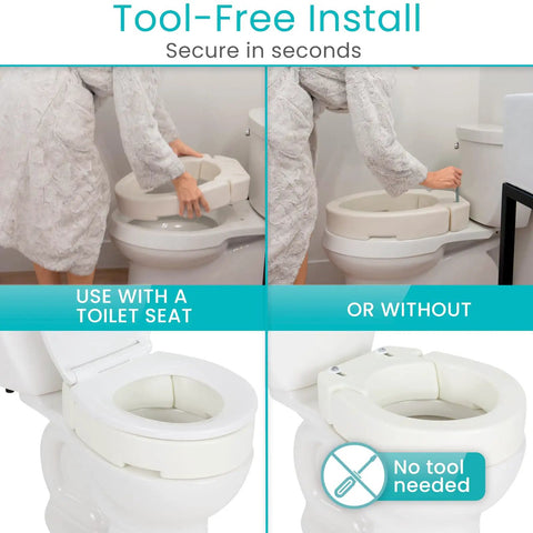 Raised Toilet Seat Riser 3.5 Inch Height for Standard Round Toilets easy install demonstration with tool-free setup.