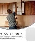 Man installing cabinets with 150 Pcs Plastic Dowel Inserts for Cabinet Doors, DIY Friendly Hinge Dowels for Easy Installation.