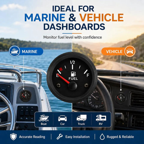 Boat Fuel Gauge 2 Inch 52mm Red With ABS And Metal Shell Built Tough Scratch Resistant And Corrosion Resistant Marine Fuel Meter Easy Install Shows E Half F For Boat Fuel Level on marine and vehicle dashboards