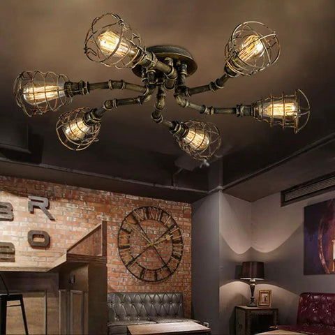 Six Light Vintage Industrial Cage Pendant Ceiling Light Flush Mount Edison Style Retro Iron Metal Lamp in industrial loft