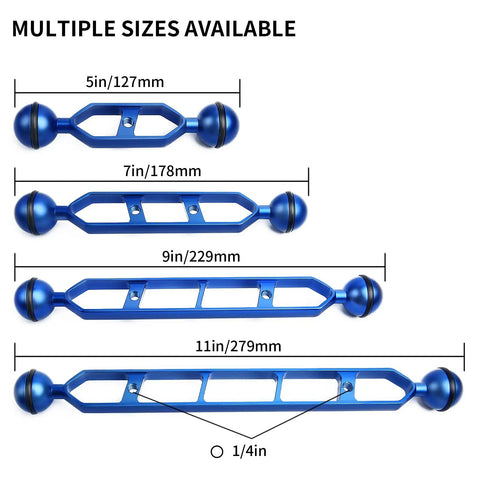 Beefy 11 Inch Underwater Aluminum Extension Arm Set With Dual Ball Heads shown in multiple sizes for photography gear