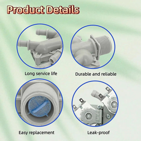 Water Inlet Valve Replacement For Front Load Washers That Fits 41782 DLE3400W WM3400CW WM3700HWA And 20 More Series Direct Replacement For 5221ER1003M AP6334246 PS12579227, leak-proof valve close-up