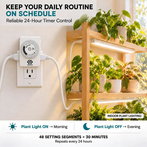 Total Snap 24 Hour Mechanical Outlet Timer With 30 Minute Setting Pins And Dual Grounded Outlets For Dead Simple Daily On Off Scheduling Christmas Trees And Small Appliances Killer Price Two Pack Bundle showing timer plugged in for plant lights.