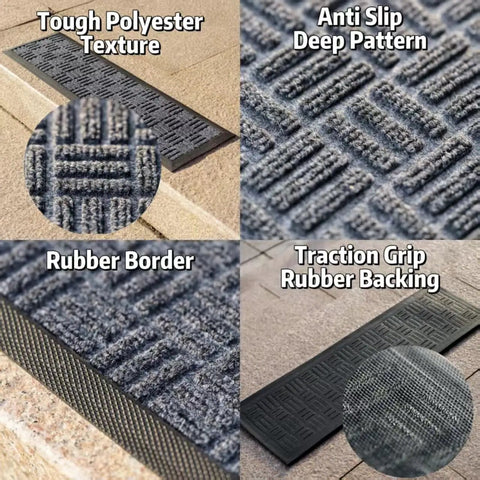 Close-up of grey textured Non Slip Stair Treads 6 Pack 8.5 By 30 Inch For Wooden Steps Indoor Outdoor Rug with rubber backing.