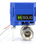 Front view of 1/4 Inch Motorized Ball Valve With 85-265V AC Range, Brass Electric Valve, showing NPT Thread and NSF Certified 304SS Build.