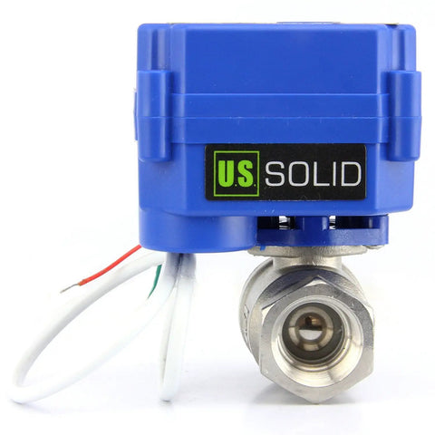 Front view of 1/4 Inch Motorized Ball Valve With 85-265V AC Range, Brass Electric Valve, showing NPT Thread and NSF Certified 304SS Build.