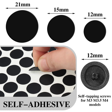 Plastic Self Tapping Screw Cap Covers Set With Self Adhesive Hole Covers For Wood Furniture Black Finish, showing 21mm, 15mm, 12mm sizes