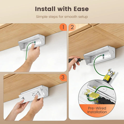 Installation steps for 9 Inch Under Cabinet Power Strip With GFCI Outlet USB A USB C Angled Trapezoid Aluminum Housing