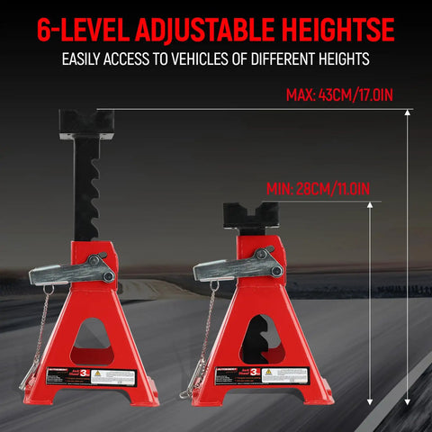 Beefed Up 3 Ton Jack Stands With Adjustable Height 11.02 To 16.93 Inches, Cross Slotted Frame Rail, Rubber Pad Protector