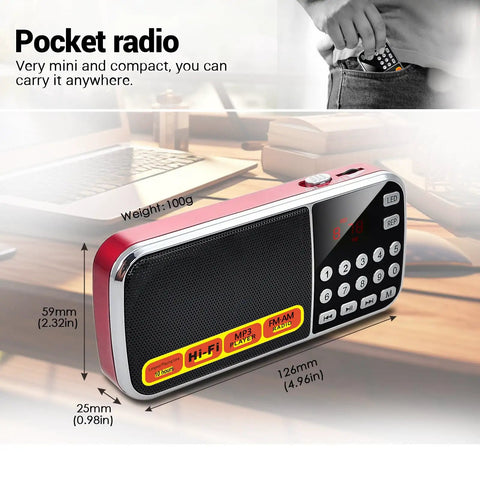 Pocket Size AM FM Radio With 1200mAh Battery For All Day Power, USB Flash Drive And Micro SD MP3 Playback, TF Card Slot, detail view