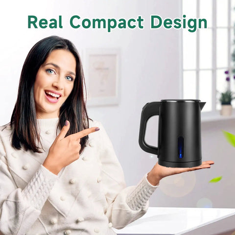 Woman holding Portable Stainless Steel Electric Kettle 0.8L Mini Hot Water Boiler For Travel, Black, real compact design.