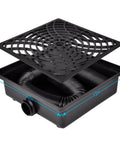 Open view of Catch Basin Gutter Downspout Extender Kit 12x12 Low Profile No Digging Required Rainwater Diverter With 2 Inch Inside Diameter Flexible Pipe Stretched To 8.2 Feet Easy Patio Flood Prevention showing flexible pipe and grid cover.