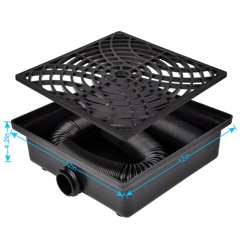 Open view of Catch Basin Gutter Downspout Extender Kit 12x12 Low Profile No Digging Required Rainwater Diverter With 2 Inch Inside Diameter Flexible Pipe Stretched To 8.2 Feet Easy Patio Flood Prevention showing flexible pipe and grid cover.