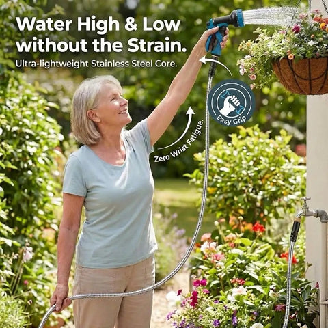 Person using Heavy Duty Metal Garden Hose With Stainless Steel Braided Construction, One Hundred Foot Length, watering plants