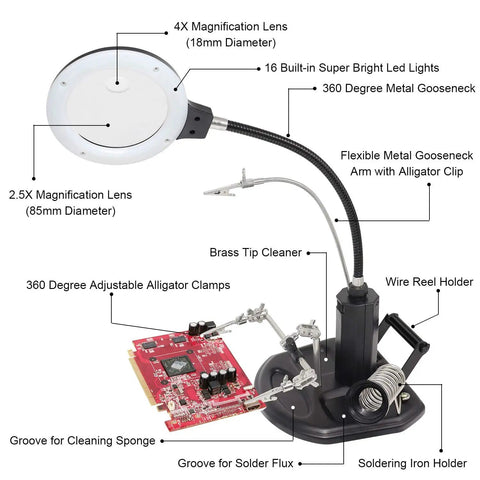 Pro Grade Magnifier Work Station With 16 LED Lights For Soldering And Welding 2.5X And 4X Magnification USB Rechargeable setup close-up