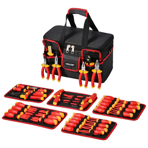 Professional Grade 50 Piece Insulated Screwdriver Set Badass Electrician Tools 1000V VDE Rated in black pouch with red accents.