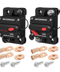 100 Amp Waterproof DC Inline Circuit Breaker With Manual Reset For Marine Boats, Trolling Motors, Cars, RVs And ATVs, 12V To 48V DC, Ignition Protected Push Button Reset Reusable with terminals and screws