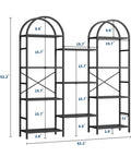 Triple Wide Arched Bookshelf With 11 Adjustable Open Shelves showing dimensions, industrial metal frame, and rustic wood panels.