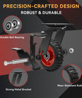Close-up of rugged 6 inch heavy duty caster wheels set of four with knockdown brakes and robust components.
