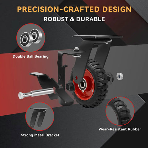 Close-up of rugged 6 inch heavy duty caster wheels set of four with knockdown brakes and robust components.