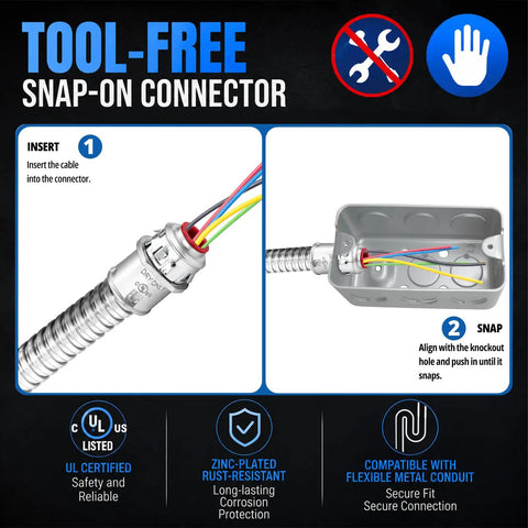Heavy Duty Third Eighth Inch Zinc Snap In Mc Cable Connector UL Listed, showing snap-on installation process for steel conduit.
