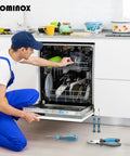 Man in blue overalls using tools from the 25 Piece General Household Tool Set With Plastic Storage Toolbox For Home, Garage And Office