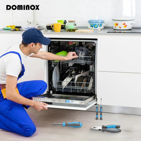 Man in blue overalls using tools from the 25 Piece General Household Tool Set With Plastic Storage Toolbox For Home, Garage And Office