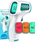 Infrared Touchless Forehead Thermometer For Adults And Kids, Fast Accurate Non Contact Temperature Readings From Safe 0.4 To 2 Inches, Perfect For Babies Children And Family Health Checks. White and teal no-touch thermometer with box display.