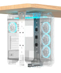 Slick Under Desk PC Mount Bracket For Computer Tower Case Holder White adjustable frame holding a gaming PC under a desk.