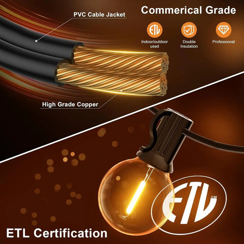 100 Ft G40 LED Outdoor String Lights With Shatterproof Bulbs, waterproof dimmable patio lights featuring ETL certification and copper wiring.