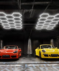 Hexagon LED Garage Lights For Home And Shop, Ultra Bright Honeycomb Panels, 456W High Power, 54720 Lumens, 6500K Daylight, 14 Grid System For Car Detailing, Warehouse, Basement And Gym installed on ceiling above cars