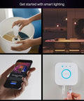Smart Lighting Starter Kit With Bridge And Four Color Ambiance E26 Bulbs, app control, installed bulb, and bridge device view.