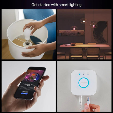 Smart Lighting Starter Kit With Bridge And Four Color Ambiance E26 Bulbs, app control, installed bulb, and bridge device view.