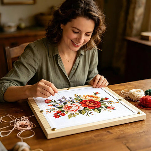 Woman using Six Frame Sizes Needlepoint Stretcher Bar Kit With 12 Premium Wooden Frames In Six Eight And Twelve Inch Sizes Plus 100 Tacks Rubber Mallet And Pry Tool For Embroidery And Cross Stitch Perfect For Beginners And DIY Crafters with floral design.
