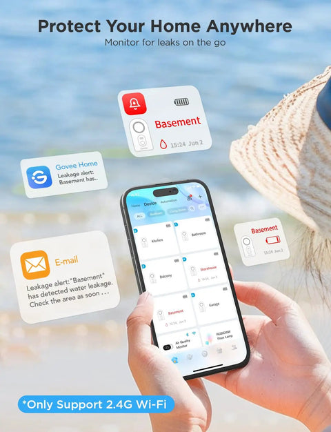 Person holding phone showing WiFi Water Leak Detector 3 Pack With Real Time Alerts And Email Or App Push Notifications display
