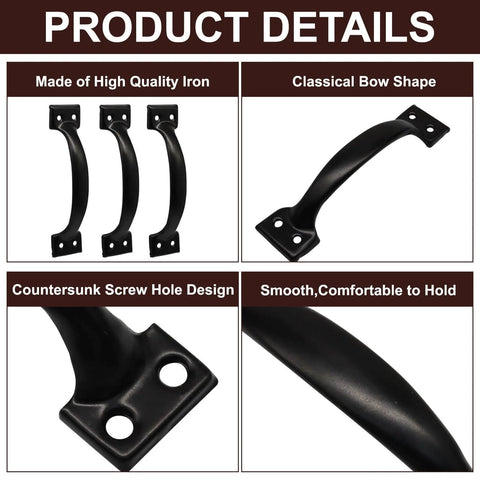 Ten Pack 6 Inch Metal Bow Door Handles Black Matte Vintage Barn Door Pulls For Furniture Cabinets Kitchen Drawers Dressers And Gates Beefy Iron Rustproof Anti Corrosion Wear Resistant Hollow Design Zorveiio product details image with high-quality iron, bow shape, countersunk screw holes.