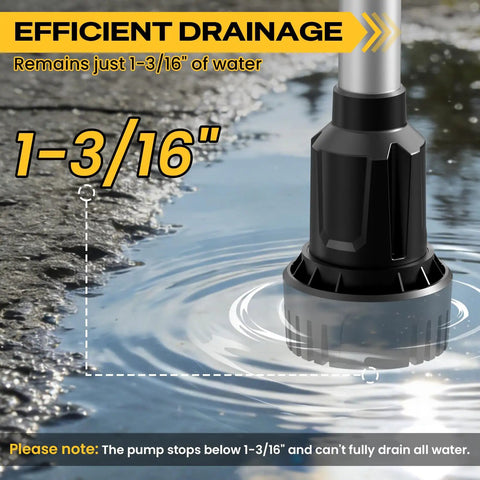 Heavy Duty Cordless Stick Water Transfer Pump For Rapid Tank Draining and Garden Irrigation, showing 1-3/16" water level.