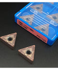 Hot Deal 10 Piece Indexable Carbide Lathe Tool Set TNMG160404 MQ PR1125 showing two triangle CNC inserts in a blue holder.