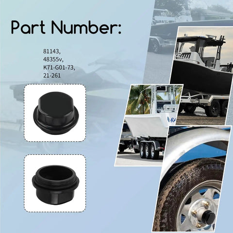 2 Pack Hub Dust Caps Replacement For Dexter Vortex Hubs With 5 Bolt Pattern Includes O Ring Fits 1250 To 1750 Lb Marine Trailer Hubs And Vortex Kits Like K71-G01-73 21-261 48355v Durable Boat Trailer Cap Set shown next to a boat and trailer with part numbers listed.