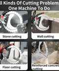 8900W Monster Power Electric Concrete Saw Killer Wet Cut For Granite Stone Includes Pump Water Line Titanium Blade For Wall Grooving And Masonry 220V Pro Gear Dust Suppression Build, showcasing various cutting applications.