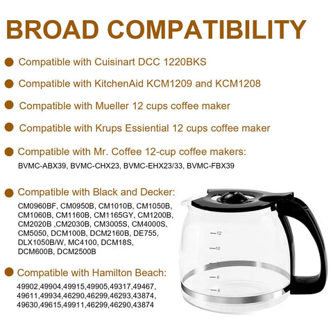 Universal 12 Cup Glass Carafe Replacement Pot For Most 12 Cup Drip Coffee Makers With Durable Handle And Three Snap On Caps