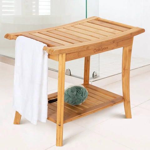 Must Have 100 Percent Bamboo Shower Bench With Storage Shelf, 24 Inch Waterproof Shower Chair, Non Slip Rubber Feet