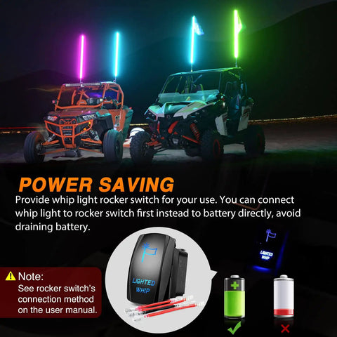 2 Pack 3Ft Spiral RGB LED Whip Lights With RF Remote in use on two off-road UTVs at night, showing colorful lights
