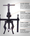 Three Jaw Inner Pilot Bearing Puller Beefy Heavy Duty Auto Bushing Carbon Steel Gear Extractor with labeled features.